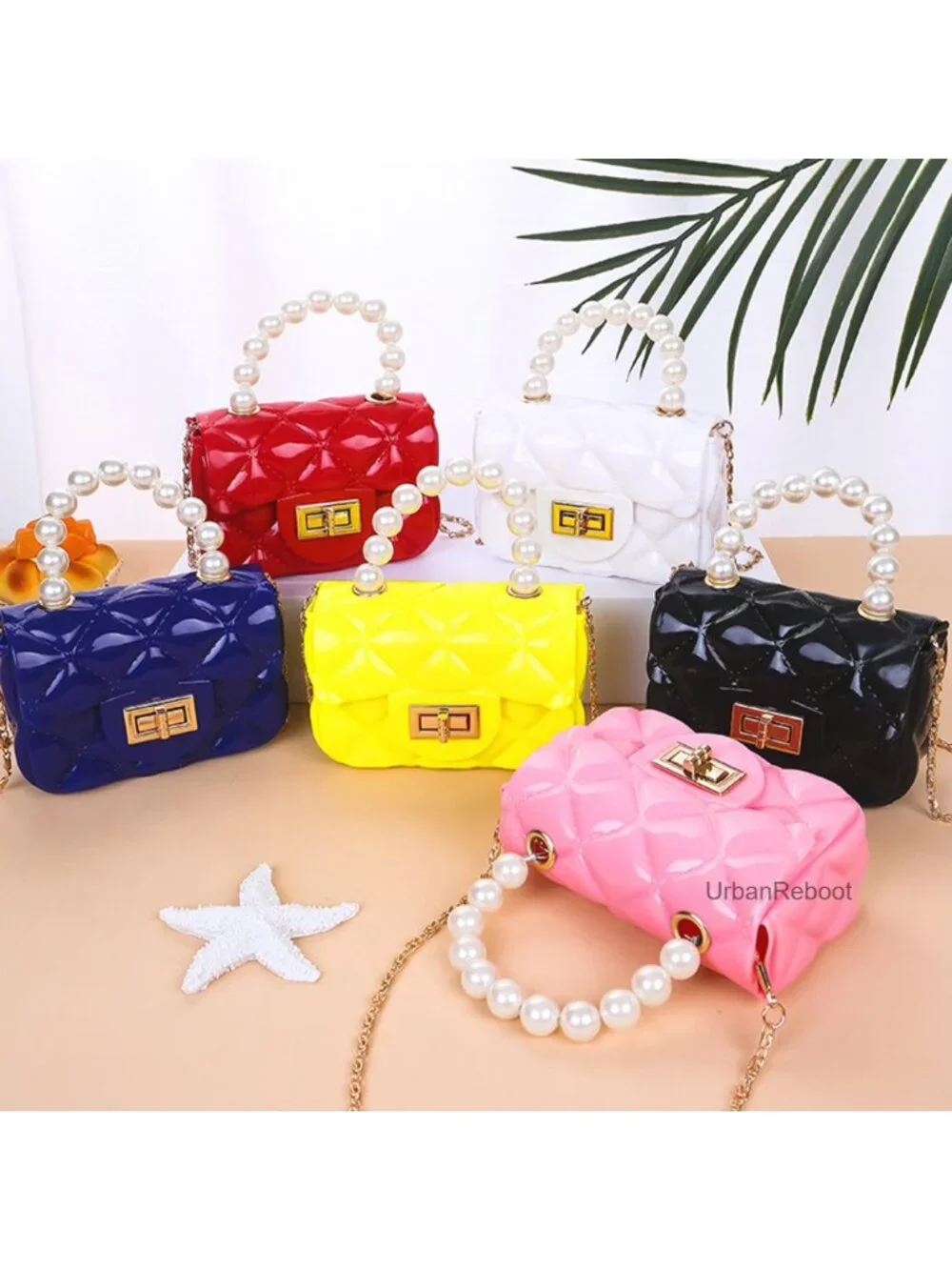 Girls Mini PVC Satchel Crossbody Purse with Pearl Handle & Chain Strap